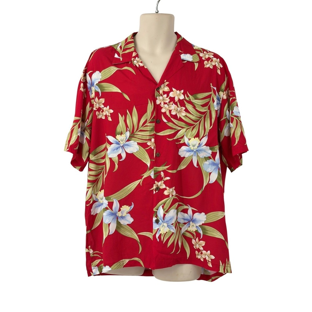 Two Palms Mens Button Down‎ Red Floral Hawaiian Shirt Rayon Tropical Orchid L